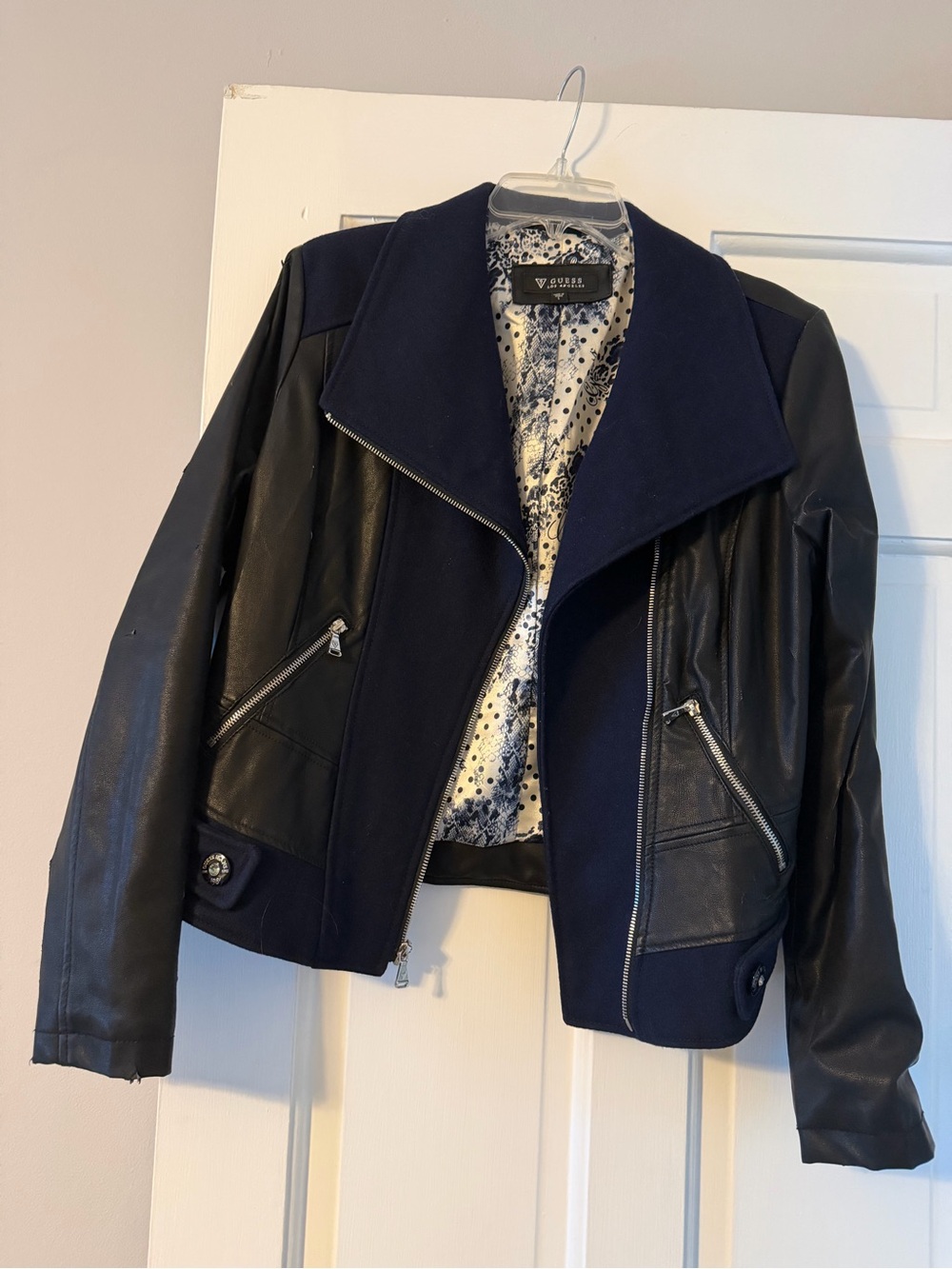 Guess Navy and Black Mixed-Media Leather Jacket